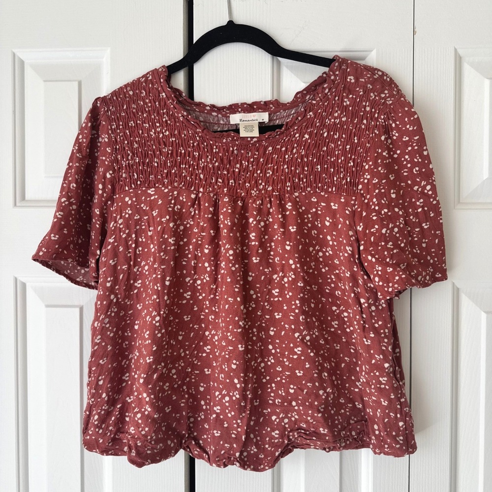 Urban Romantics Rust Red Ditsy Print Smocked Blouse Short Sleeve Top Womens M
